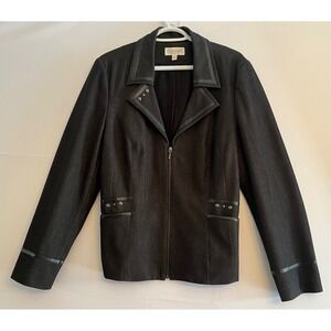 Conrad C Collection Skirt Suit - Gray Herringbone & Vegan Leather Trim - Size 14